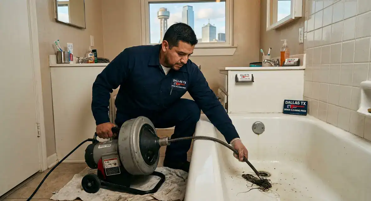 Experienced technician providing bathroom drain cleaning service in Dallas TX to clear clogged sinks, showers, and bathtub drains.