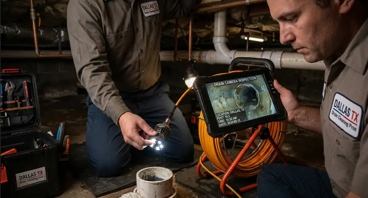 Professional drain camera inspection in Dallas TX to identify sewer line blockages, pipe damage, and hidden plumbing issues.