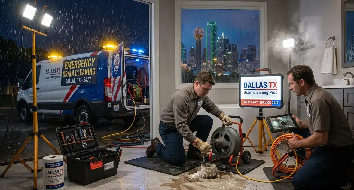Emergency drain cleaning technician in Dallas TX clearing a severely clogged drain to restore proper water flow.