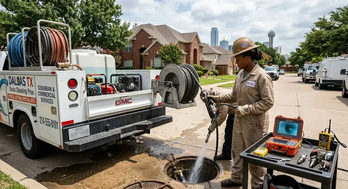 Professional hydro jetting service in Dallas TX using high-pressure water to remove stubborn drain and sewer line blockages.