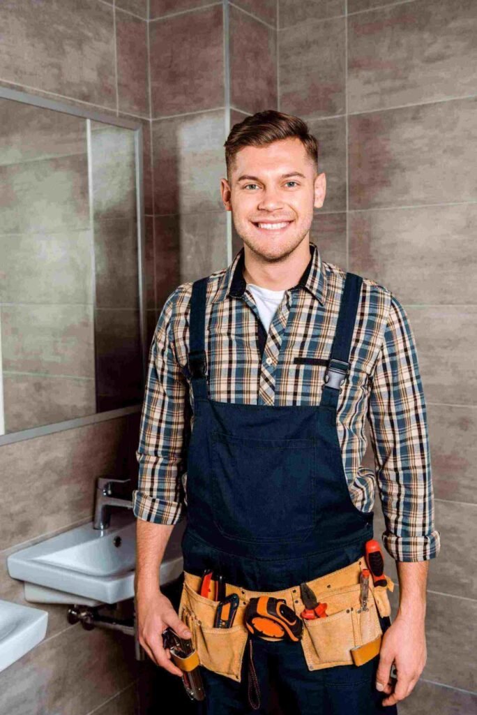 Happy drain cleaning technician with tool belt standing in bathroom in Dallas TX