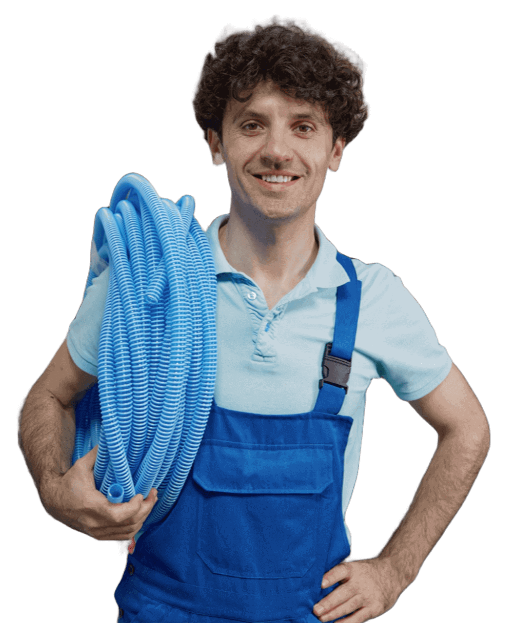Happy drain cleaning technician holding tools before service call in Dallas TX