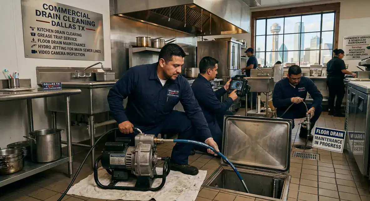 Professional commercial drain cleaning service in Dallas, TX for restaurants, offices, retail buildings, and other commercial properties.