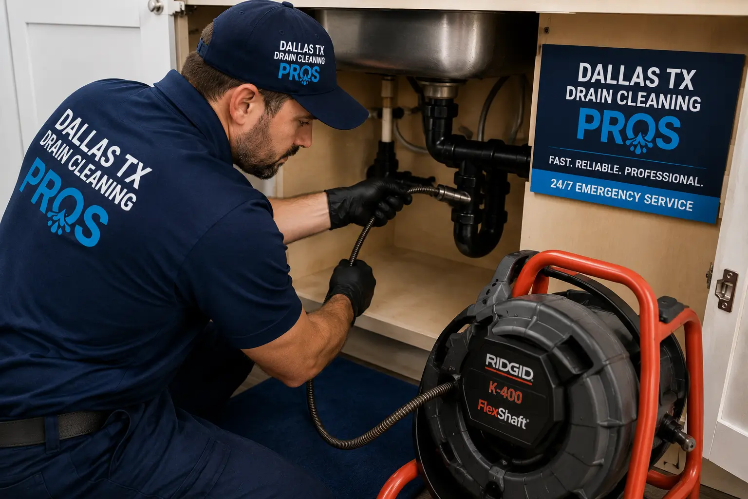 Emergency drain repair technician fixing a blocked and damaged drain in Dallas