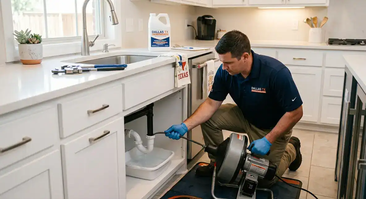 Professional plumber performing kitchen drain cleaning in Dallas, TX to remove grease, food buildup, and stubborn sink clogs.