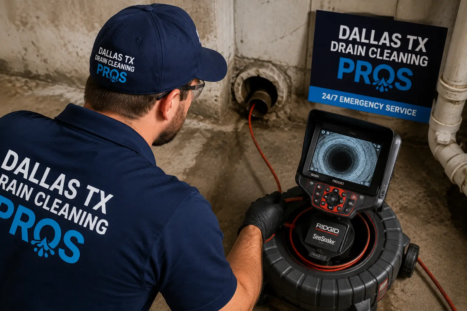 Professional plumber performing a drain camera inspection before drain repair in Dallas